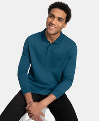 Super Combed Cotton Rich Solid Full Sleeve Polo T-Shirt with Ribbed Cuffs - Seaport Teal