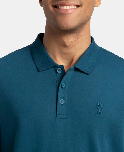 Super Combed Cotton Rich Solid Full Sleeve Polo T-Shirt with Ribbed Cuffs - Seaport Teal