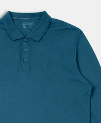 Super Combed Cotton Rich Solid Full Sleeve Polo T-Shirt with Ribbed Cuffs - Seaport Teal