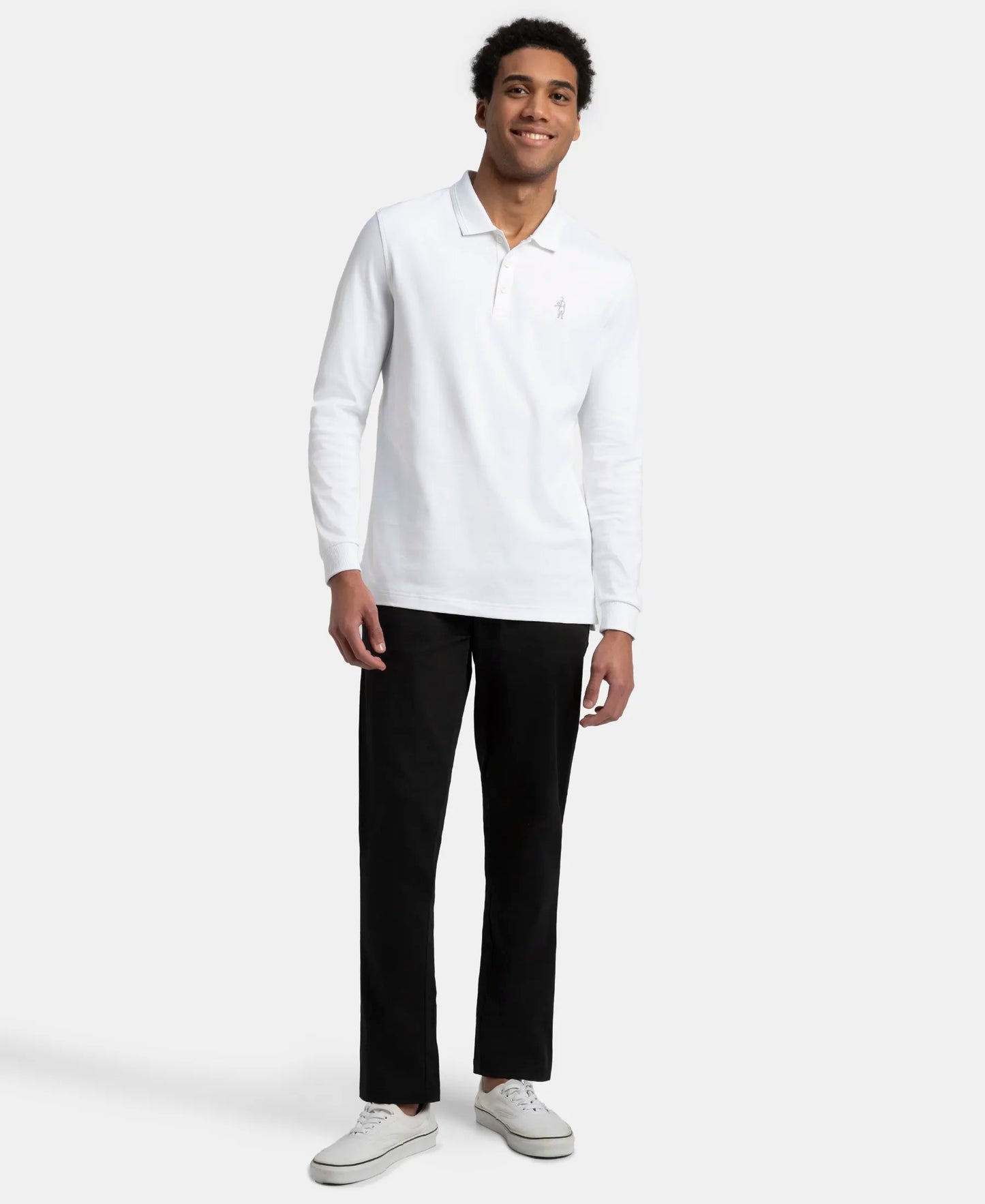 Super Combed Cotton Rich Solid Full Sleeve Polo T-Shirt with Ribbed Cuffs - White