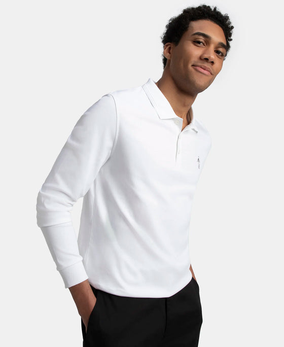 Super Combed Cotton Rich Solid Full Sleeve Polo T-Shirt with Ribbed Cuffs - White