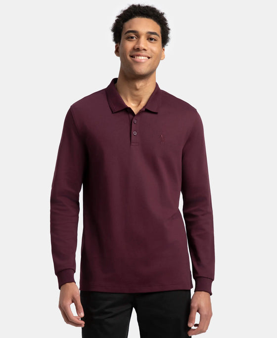 Super Combed Cotton Rich Solid Full Sleeve Polo T-Shirt with Ribbed Cuffs - Wine Tasting