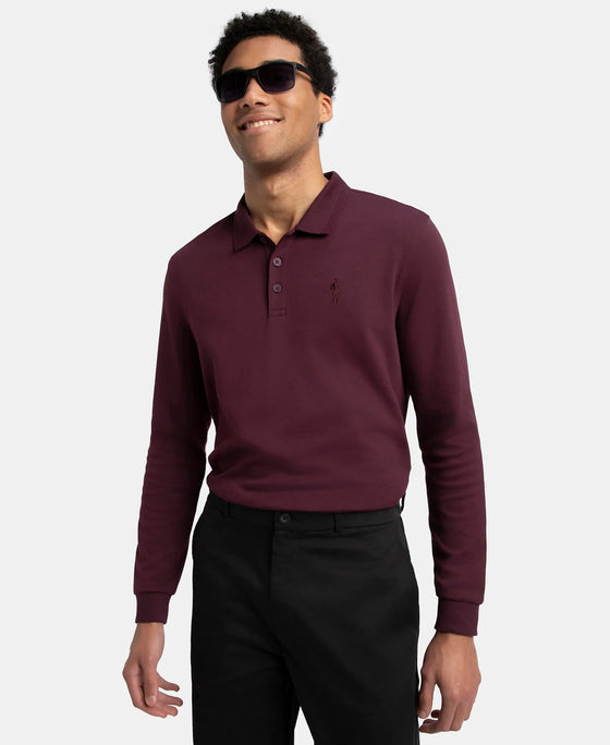 Super Combed Cotton Rich Solid Full Sleeve Polo T-Shirt with Ribbed Cuffs - Wine Tasting