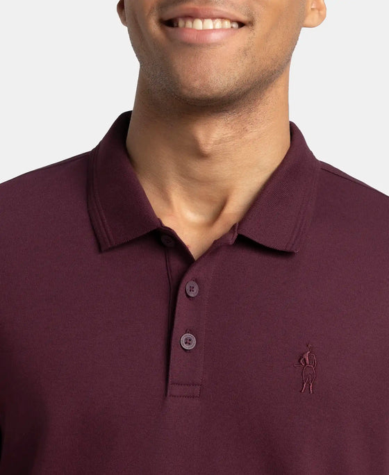 Super Combed Cotton Rich Solid Full Sleeve Polo T-Shirt with Ribbed Cuffs - Wine Tasting