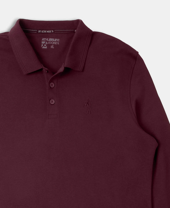 Super Combed Cotton Rich Solid Full Sleeve Polo T-Shirt with Ribbed Cuffs - Wine Tasting