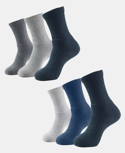 Pack of 6 Compact Cotton Terry Crew Length Socks With StayFresh Treatment - Black, Navy, Midgrey & Charcoal Melange