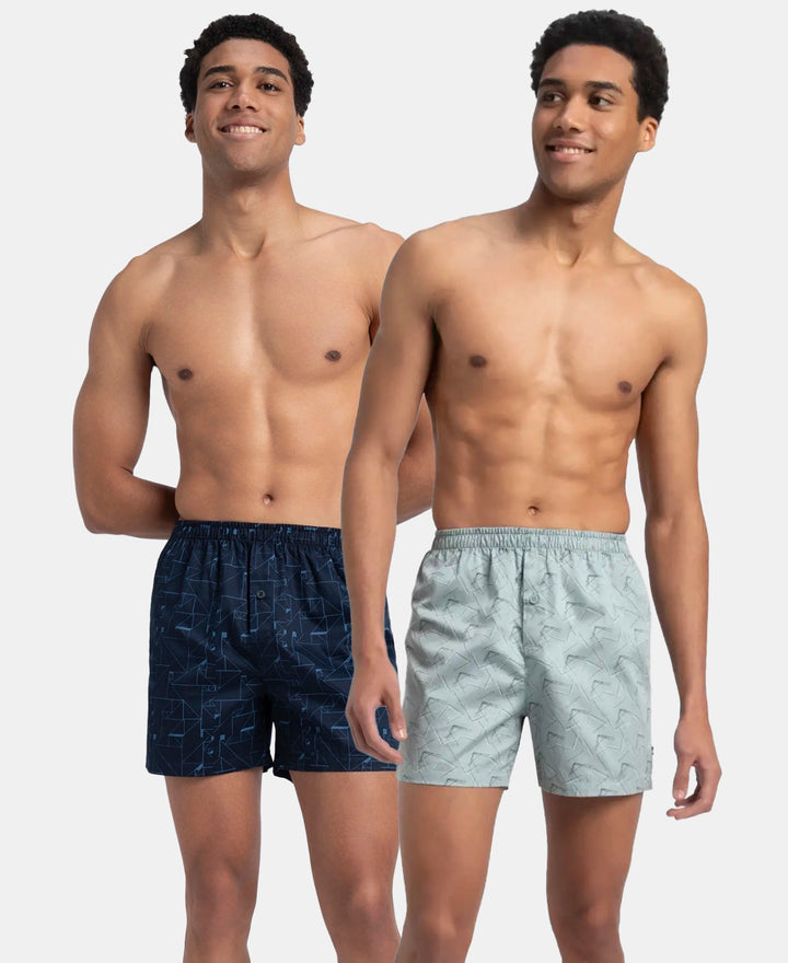 Super Combed Mercerized Cotton Woven Printed Inner Boxers with Ultrasoft and Durable Inner Waistband - Navy & Slate (Pack of 2)