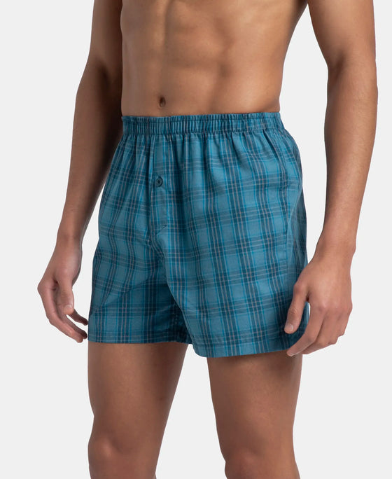 Super Combed Mercerized Cotton Woven Checkered Inner Boxers with Ultrasoft and Durable Inner Waistband - Black & Seaport Teal (Pack of 2)