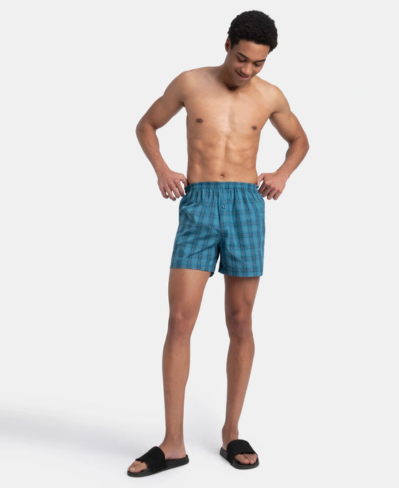 Super Combed Mercerized Cotton Woven Checkered Inner Boxers with Ultrasoft and Durable Inner Waistband - Black & Seaport Teal (Pack of 2)