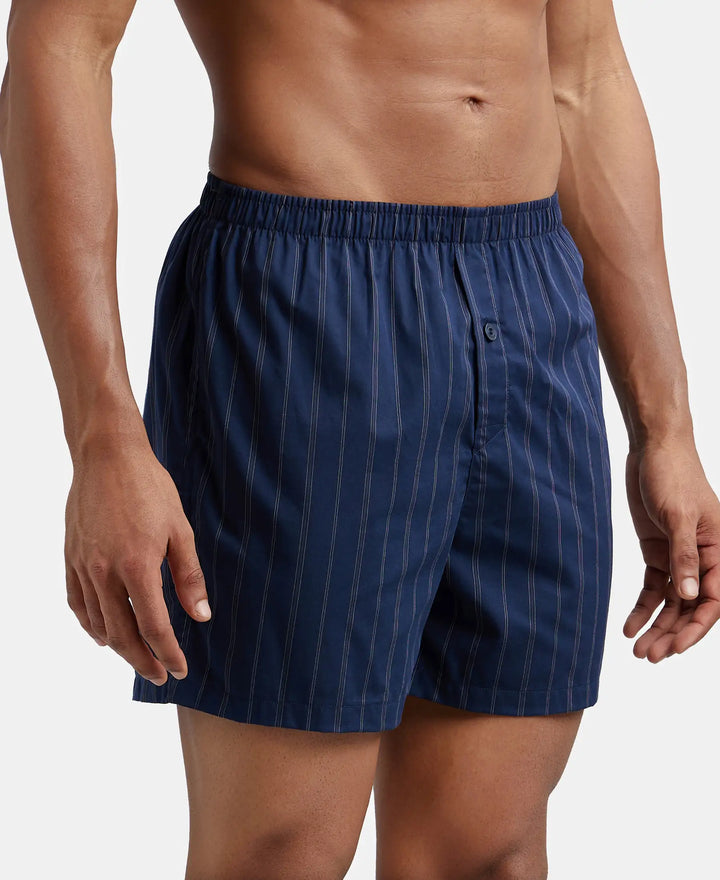 Super Combed Mercerized Cotton Woven Striped Inner Boxers with Ultrasoft and Durable Inner Waistband - Navy & Black (Pack of 2)