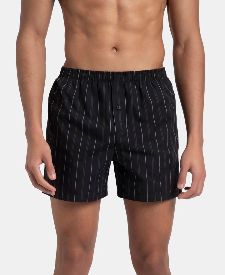 Super Combed Mercerized Cotton Woven Striped Inner Boxers with Ultrasoft and Durable Inner Waistband - Black & Navy (Pack of 2)