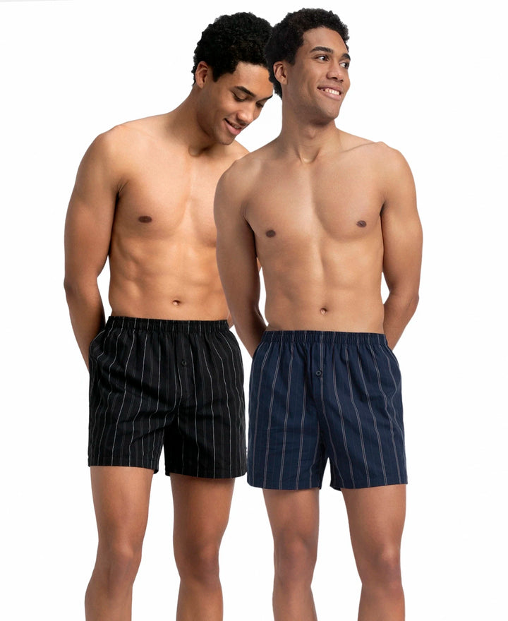 Super Combed Mercerized Cotton Woven Striped Inner Boxers with Ultrasoft and Durable Inner Waistband - Black & Navy (Pack of 2)