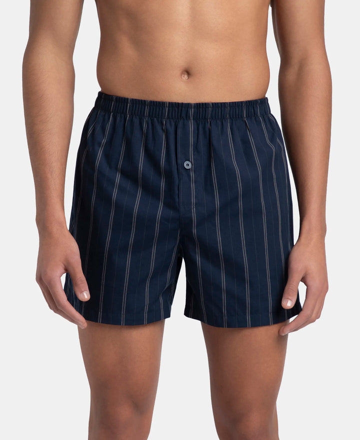 Super Combed Mercerized Cotton Woven Striped Inner Boxers with Ultrasoft and Durable Inner Waistband - Black & Navy (Pack of 2)