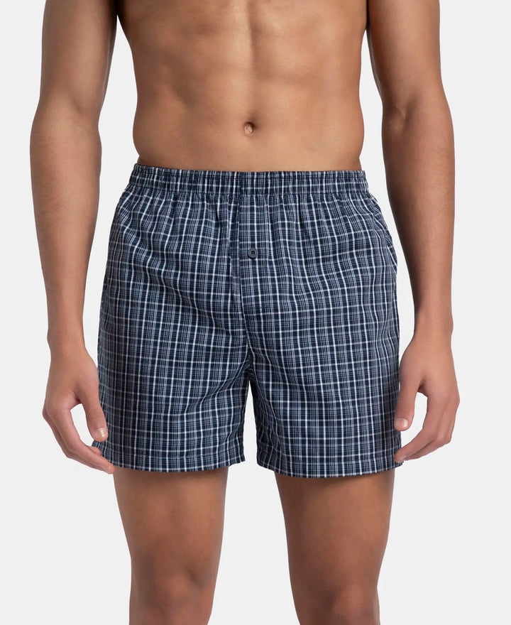 Super Combed Mercerized Cotton Woven Checkered Inner Boxers with Ultrasoft and Durable Inner Waistband - Navy (Pack of 2)