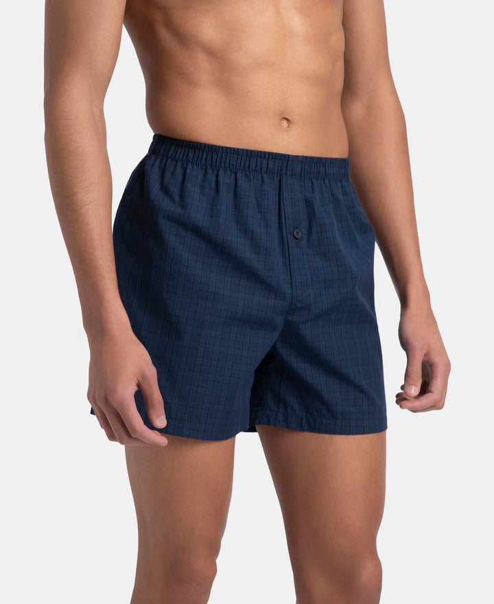 Super Combed Mercerized Cotton Woven Checkered Inner Boxers with Ultrasoft and Durable Inner Waistband - Navy (Pack of 2)