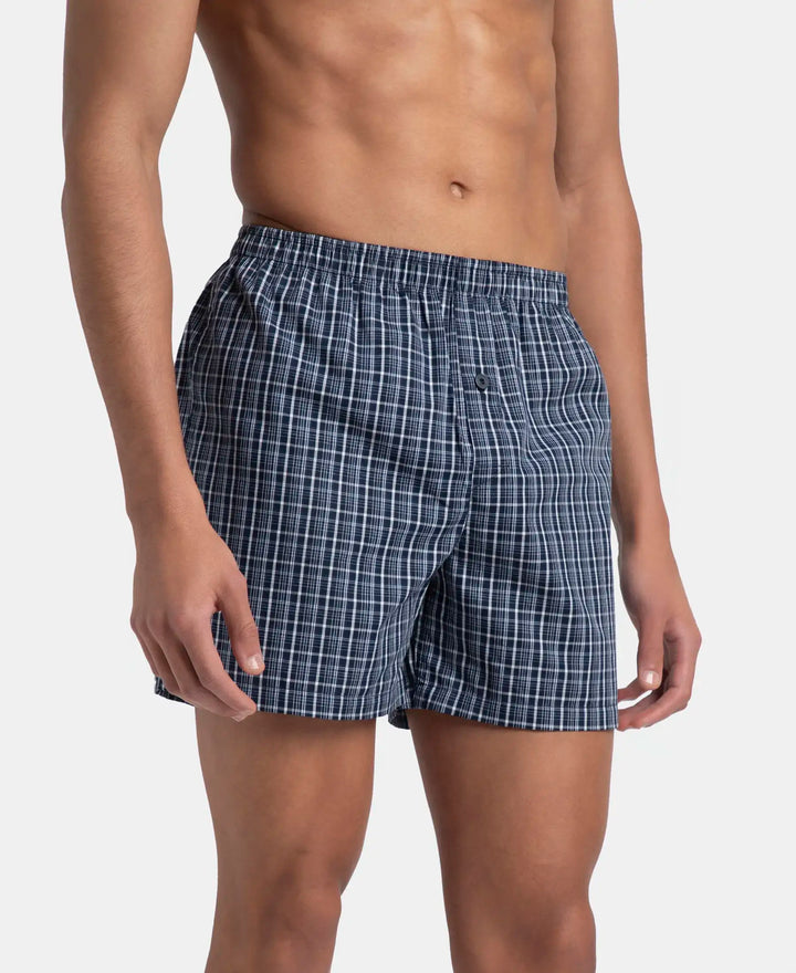 Super Combed Mercerized Cotton Woven Checkered Inner Boxers with Ultrasoft and Durable Inner Waistband - Navy (Pack of 2)