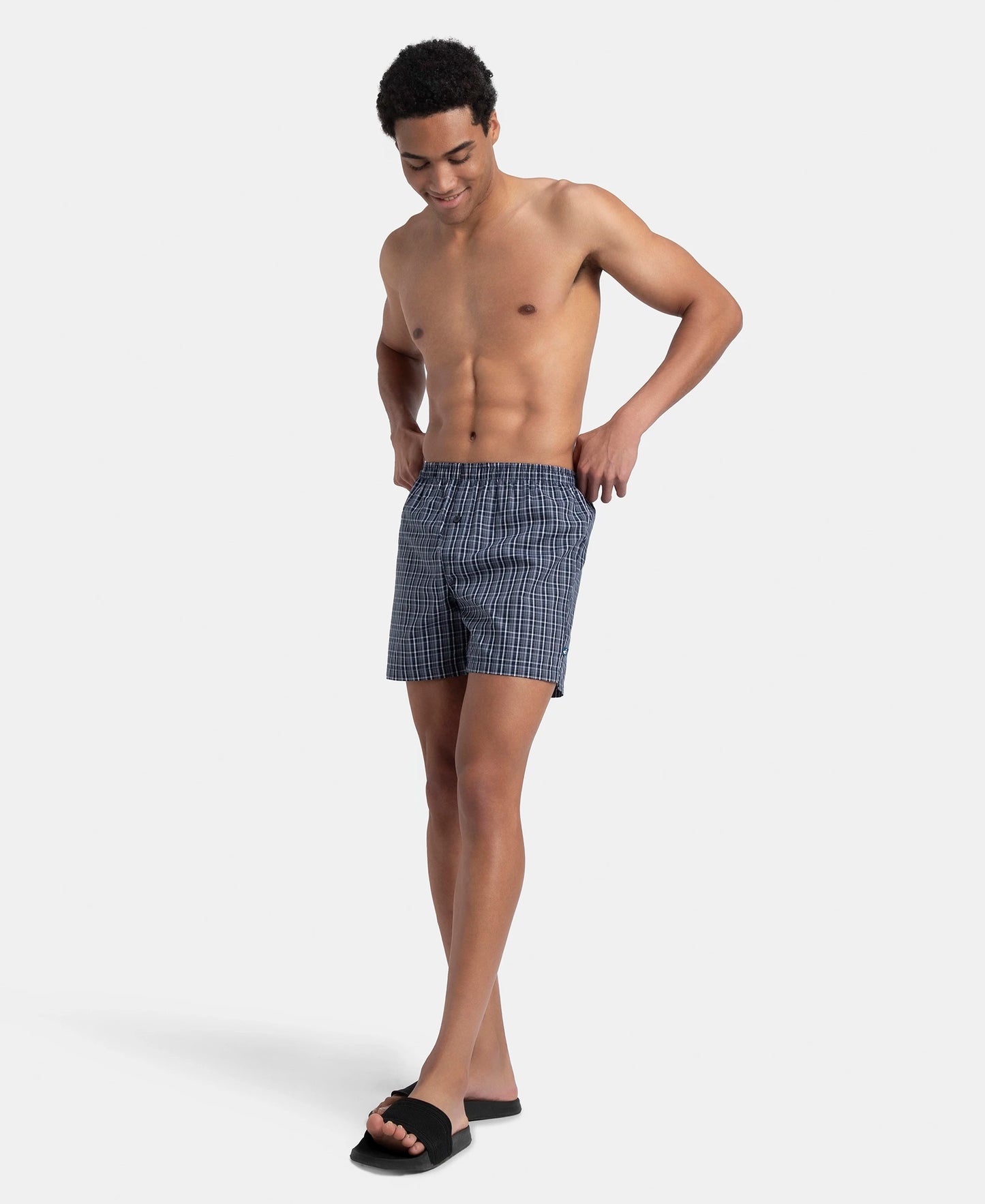 Super Combed Mercerized Cotton Woven Checkered Inner Boxers with Ultrasoft and Durable Inner Waistband - Navy (Pack of 2)