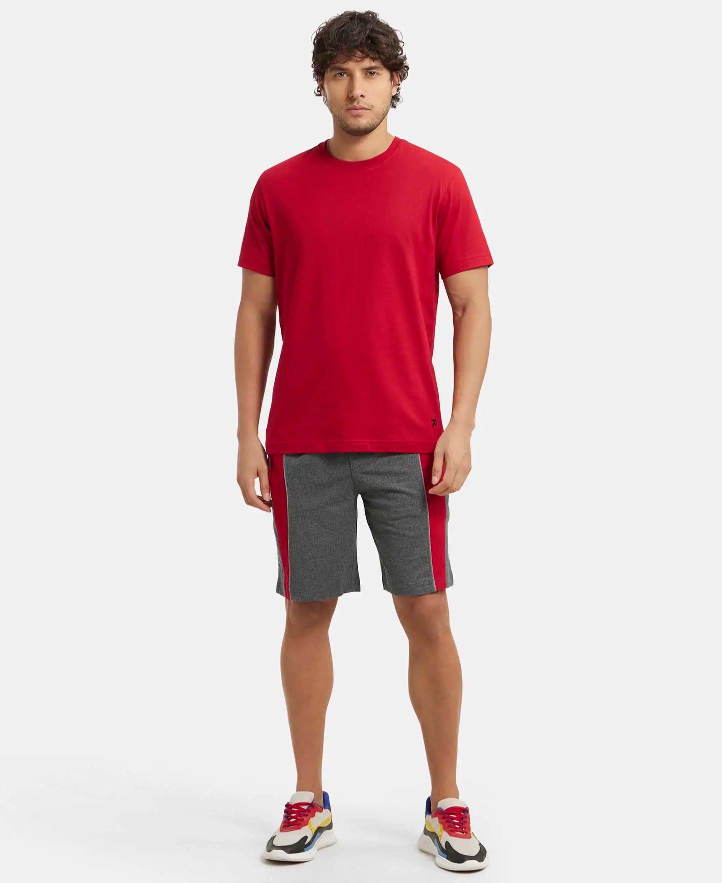 Super Combed Cotton Rich Straight Fit Shorts with Side Pockets - Charcoal Melange & Shanghai Red-4