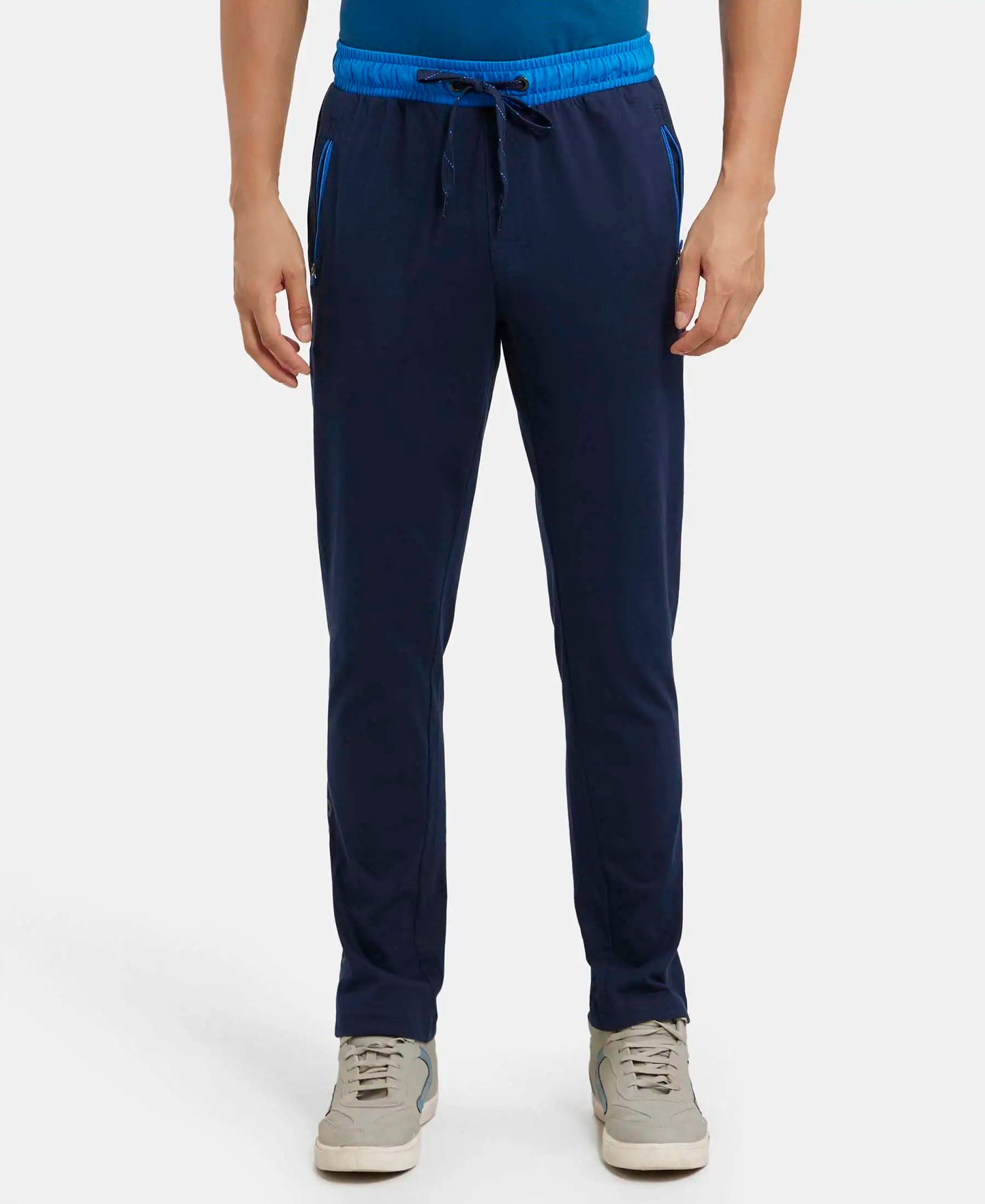 Super Combed Cotton Rich Slim Fit Trackpant with Side Zipper Pockets - Navy & Neon Blue-1