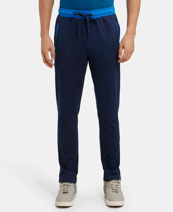 Super Combed Cotton Rich Slim Fit Trackpant with Side Zipper Pockets - Navy & Neon Blue-1