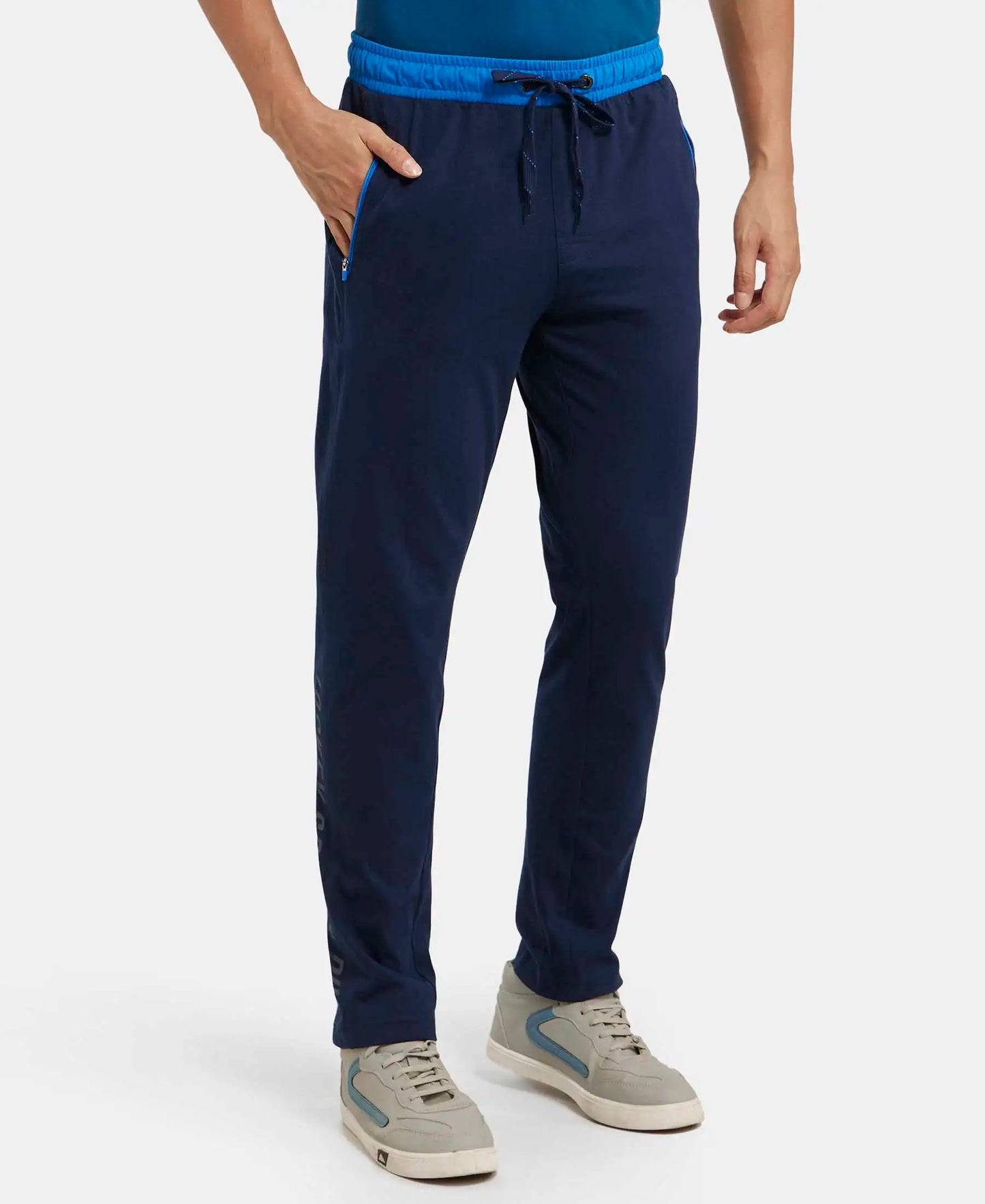 Super Combed Cotton Rich Slim Fit Trackpant with Side Zipper Pockets - Navy & Neon Blue-2