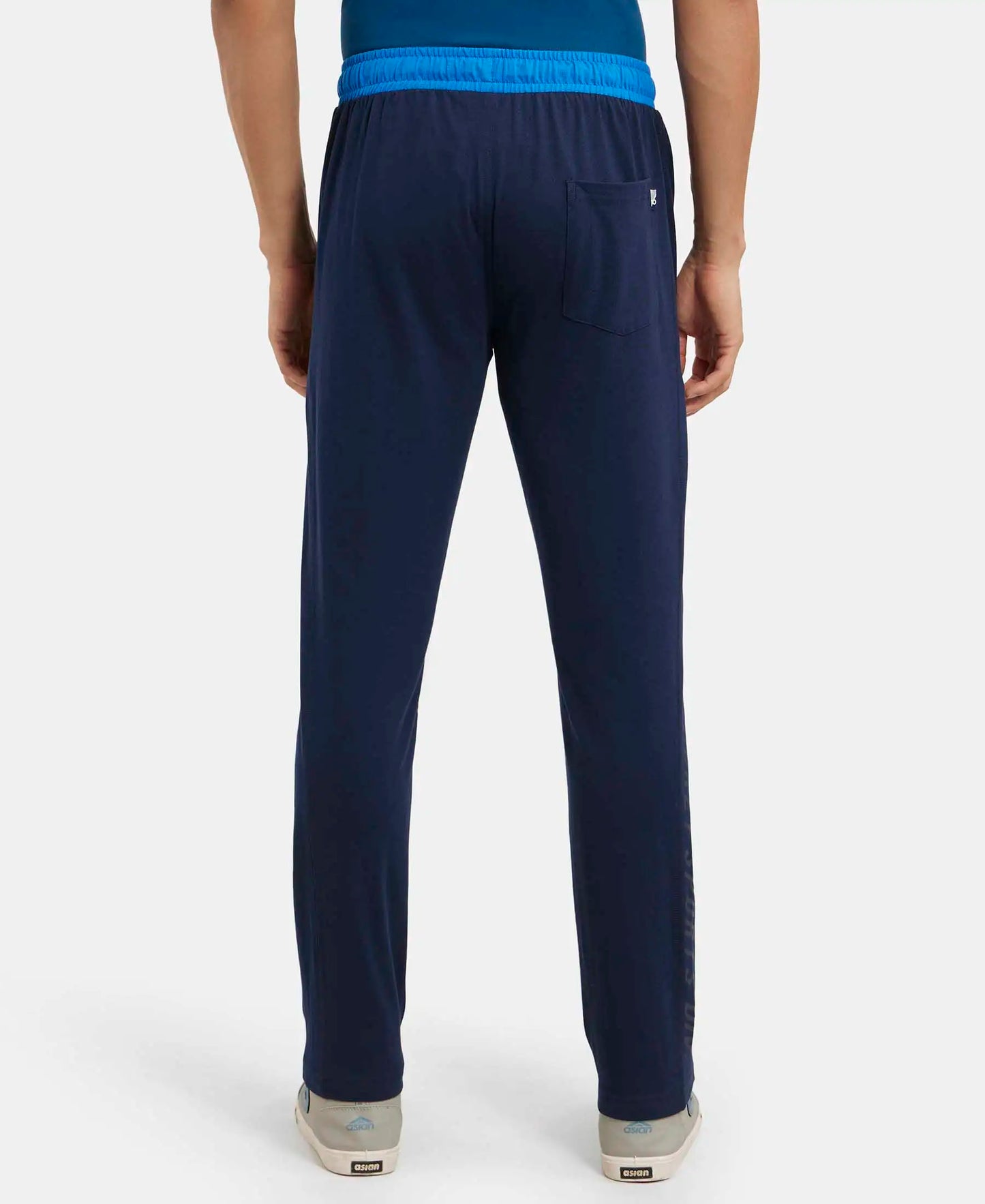 Super Combed Cotton Rich Slim Fit Trackpant with Side Zipper Pockets - Navy & Neon Blue-3