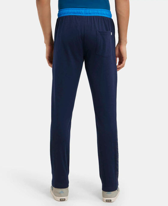 Super Combed Cotton Rich Slim Fit Trackpant with Side Zipper Pockets - Navy & Neon Blue-3