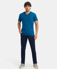 Super Combed Cotton Rich Slim Fit Trackpant with Side Zipper Pockets - Navy & Neon Blue-4