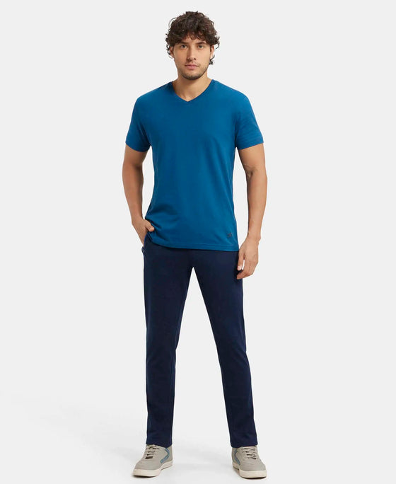 Super Combed Cotton Rich Slim Fit Trackpant with Side Zipper Pockets - Navy & Neon Blue-4