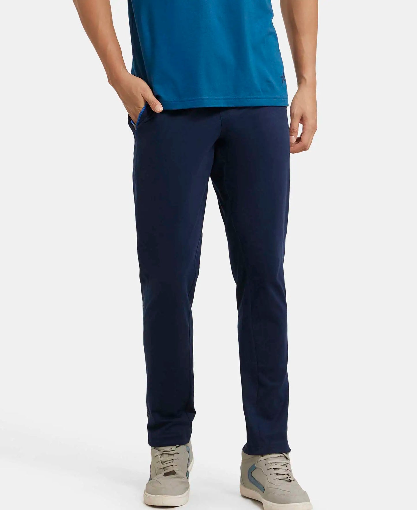 Super Combed Cotton Rich Slim Fit Trackpant with Side Zipper Pockets - Navy & Neon Blue-5