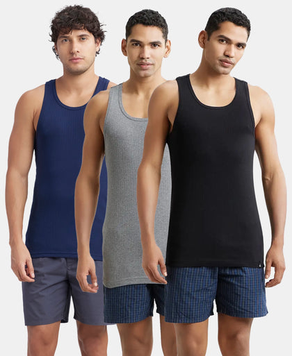 Pack of 3 Super Combed Cotton Rib Round Neck with Racerback Gym Vest - Navy, Black & Grey Melange