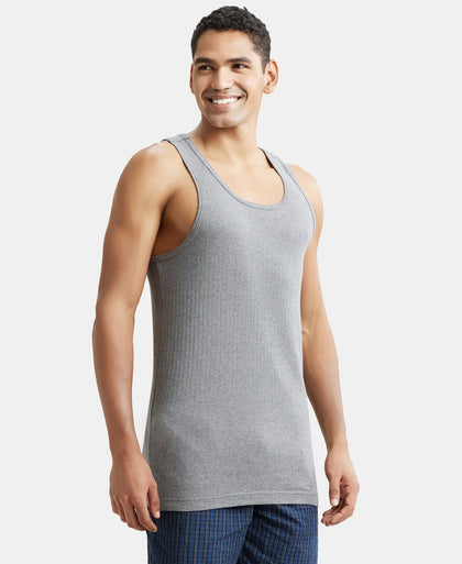 Pack of 3 Super Combed Cotton Rib Round Neck with Racerback Gym Vest - Navy, Black & Grey Melange