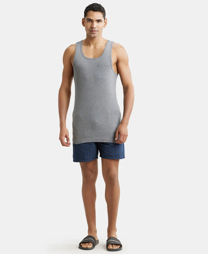 Pack of 3 Super Combed Cotton Rib Round Neck with Racerback Gym Vest - Navy, Black & Grey Melange