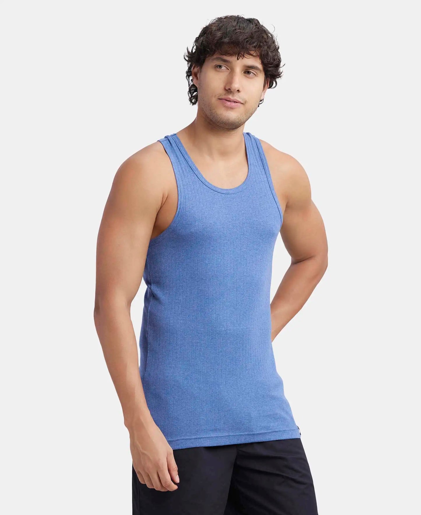 Super Combed Cotton Rib Round Neck with Racer Back Gym Vest - Light Denim Melange-2