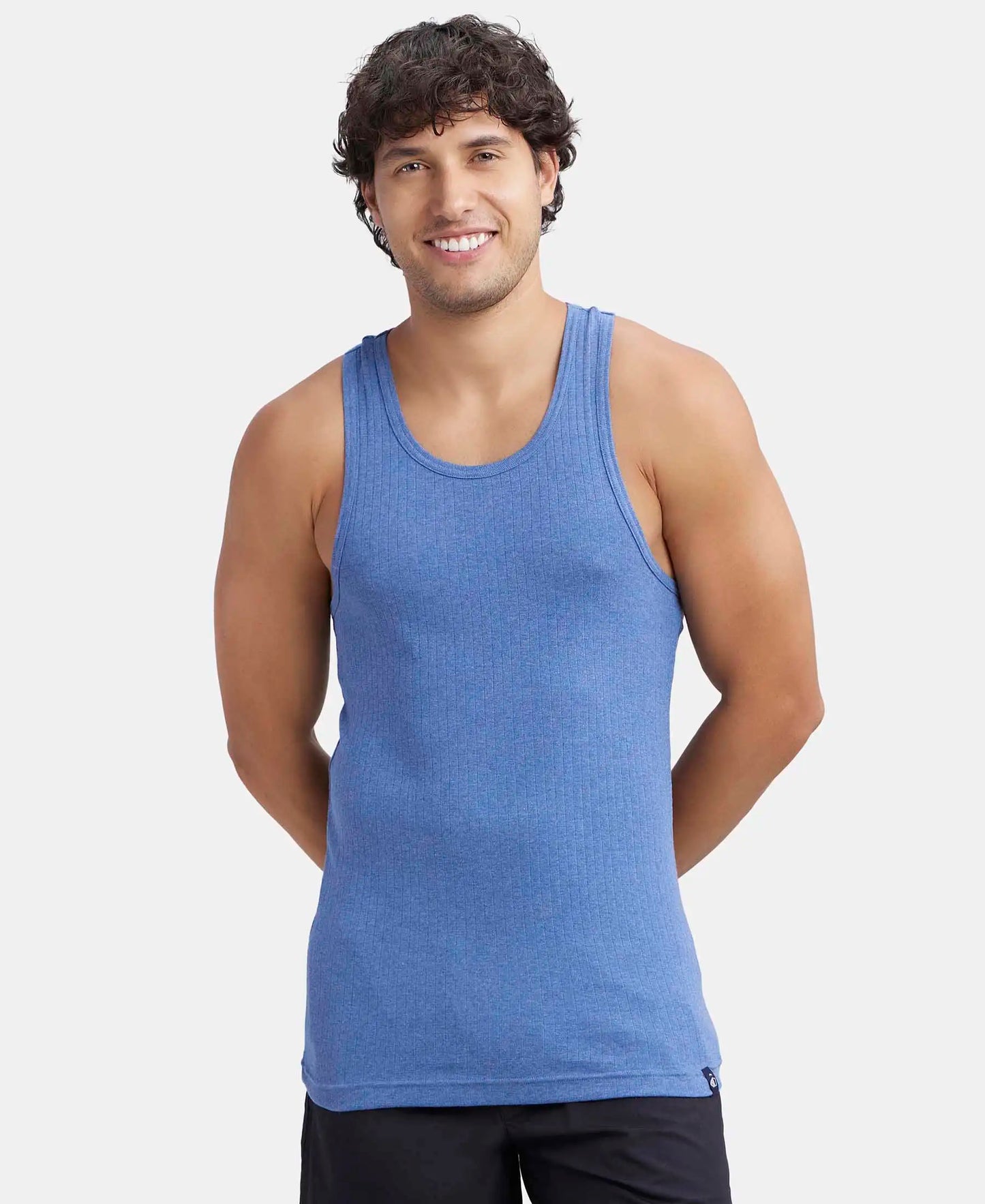 Super Combed Cotton Rib Round Neck with Racer Back Gym Vest - Light Denim Melange-5