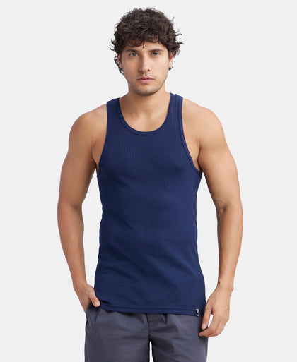 Pack of 3 Super Combed Cotton Rib Round Neck with Racerback Gym Vest - Navy, Black & Grey Melange