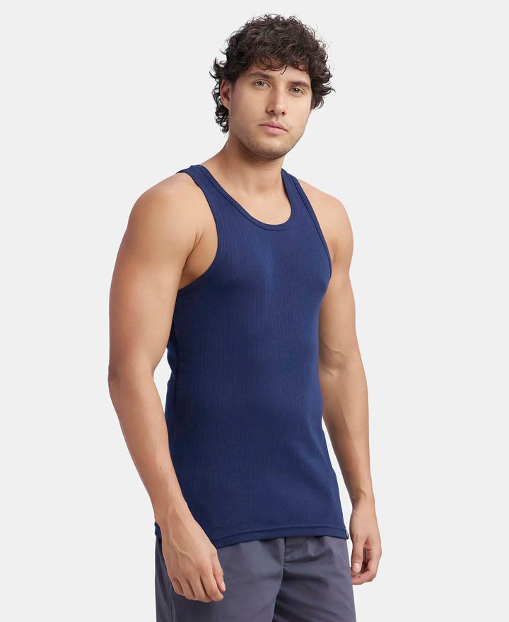 Super Combed Cotton Rib Round Neck with Racer Back Gym Vest - Navy-2