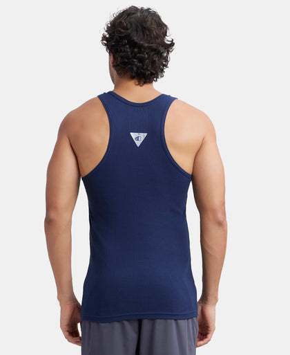 Pack of 3 Super Combed Cotton Rib Round Neck with Racerback Gym Vest - Navy, Black & Grey Melange