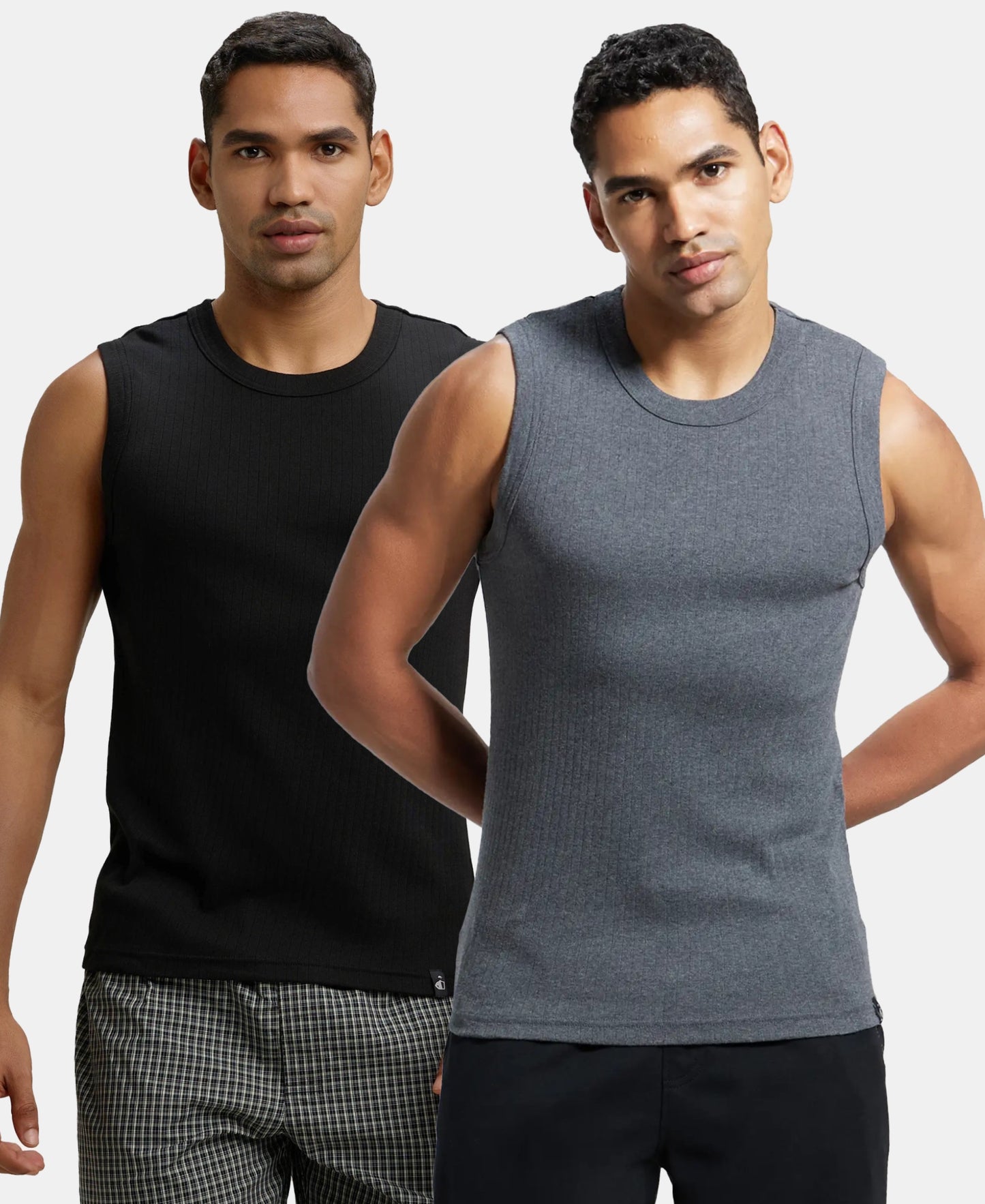 Pack of 2 Super Combed Cotton Rib Solid Round Neck Muscle Vest - Black & Charcoal Melange