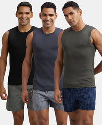 Pack of 3 Super Combed Cotton Rib Solid Round Neck Muscle Vest - Black, Deep Olive & Graphite