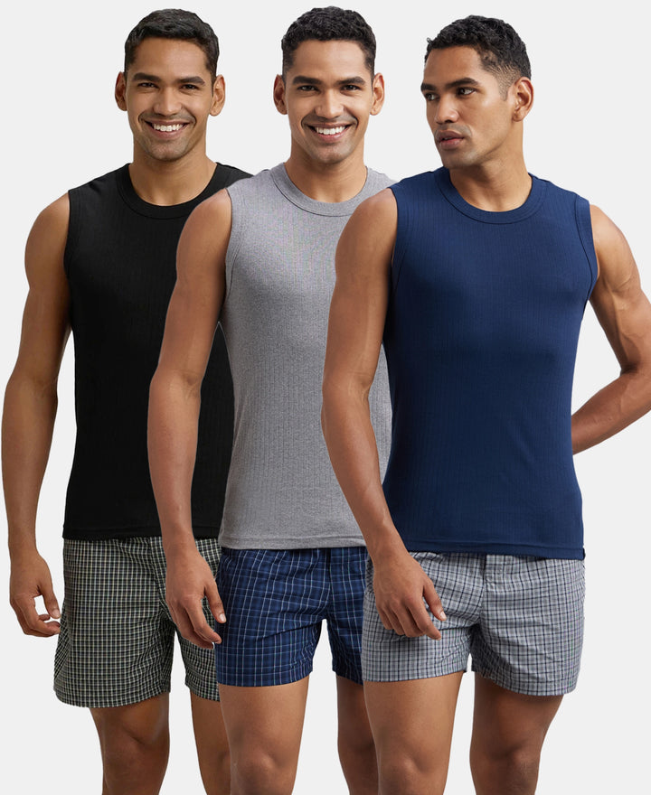 Pack of 3 Super Combed Cotton Rib Solid Round Neck Muscle Vest - Grey Melange, Black & Navy