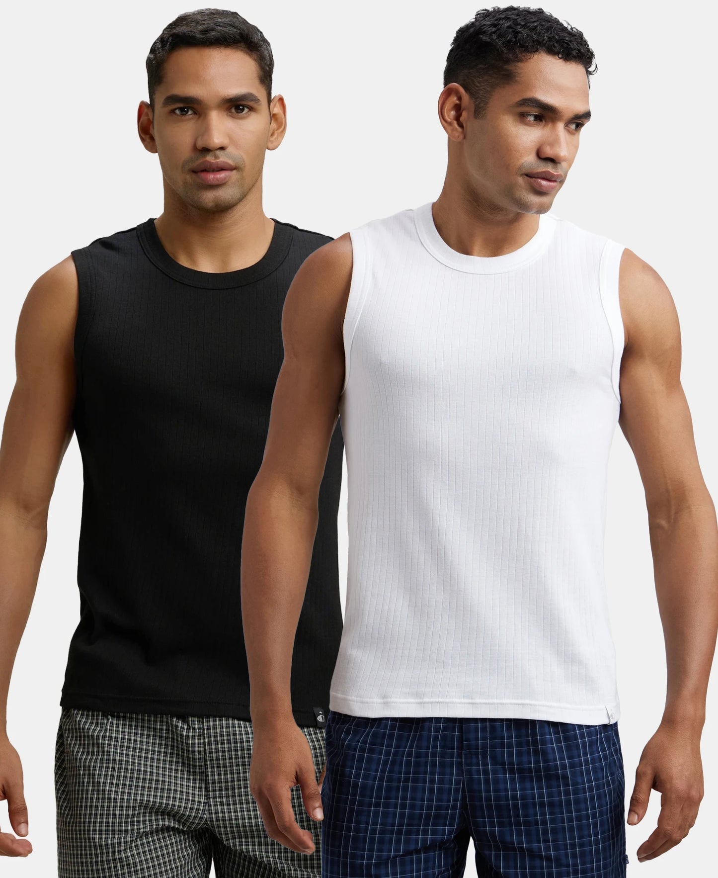 Pack of 2 Super Combed Cotton Rib Solid Round Neck Muscle Vest - Black & White