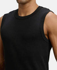 Pack of 2 Super Combed Cotton Rib Solid Round Neck Muscle Vest - Black & Charcoal Melange