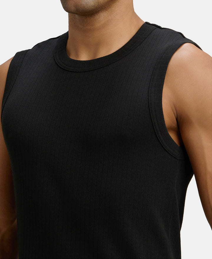 Pack of 2 Super Combed Cotton Rib Solid Round Neck Muscle Vest - Black & Charcoal Melange