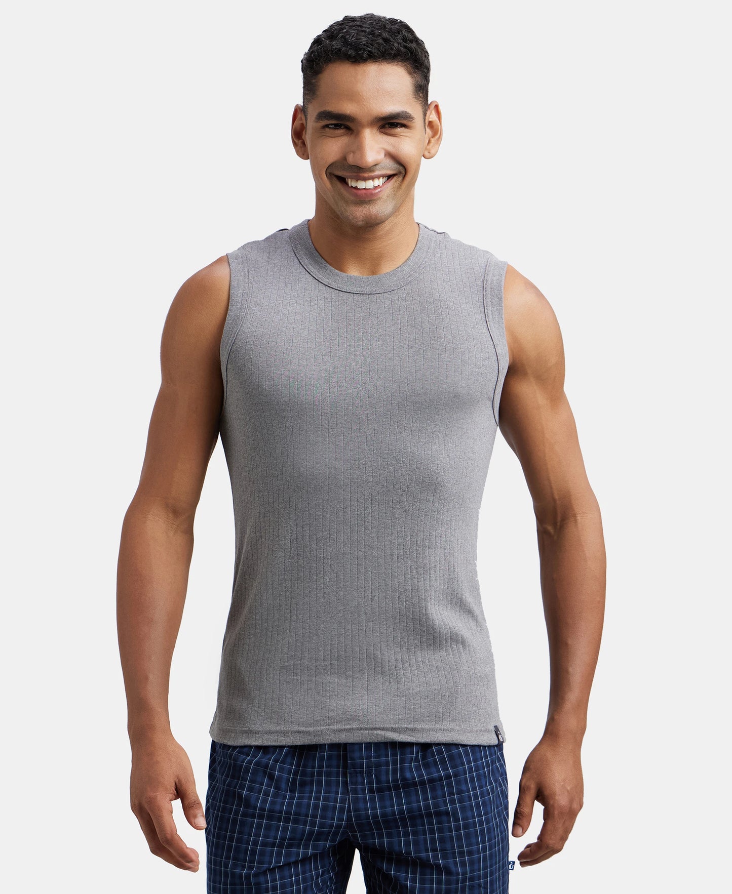 Pack of 3 Super Combed Cotton Rib Solid Round Neck Muscle Vest - Grey Melange, Black & Navy