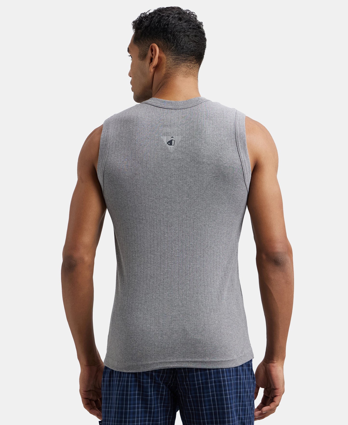 Pack of 3 Super Combed Cotton Rib Solid Round Neck Muscle Vest - Grey Melange, Black & Navy