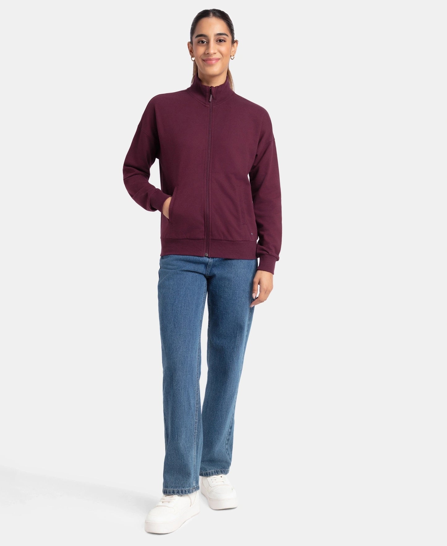 Super Combed Cotton French Terry Drop Shoulder Styled Jacket with Ribbed Cuff and Hem - Wine Tasting