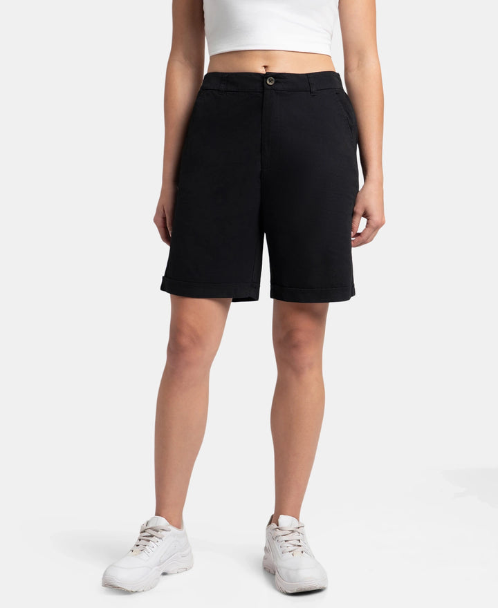 Super Combed Cotton Woven Twill Fabric Relaxed Fit Shorts with Convenient Side Pockets - Black