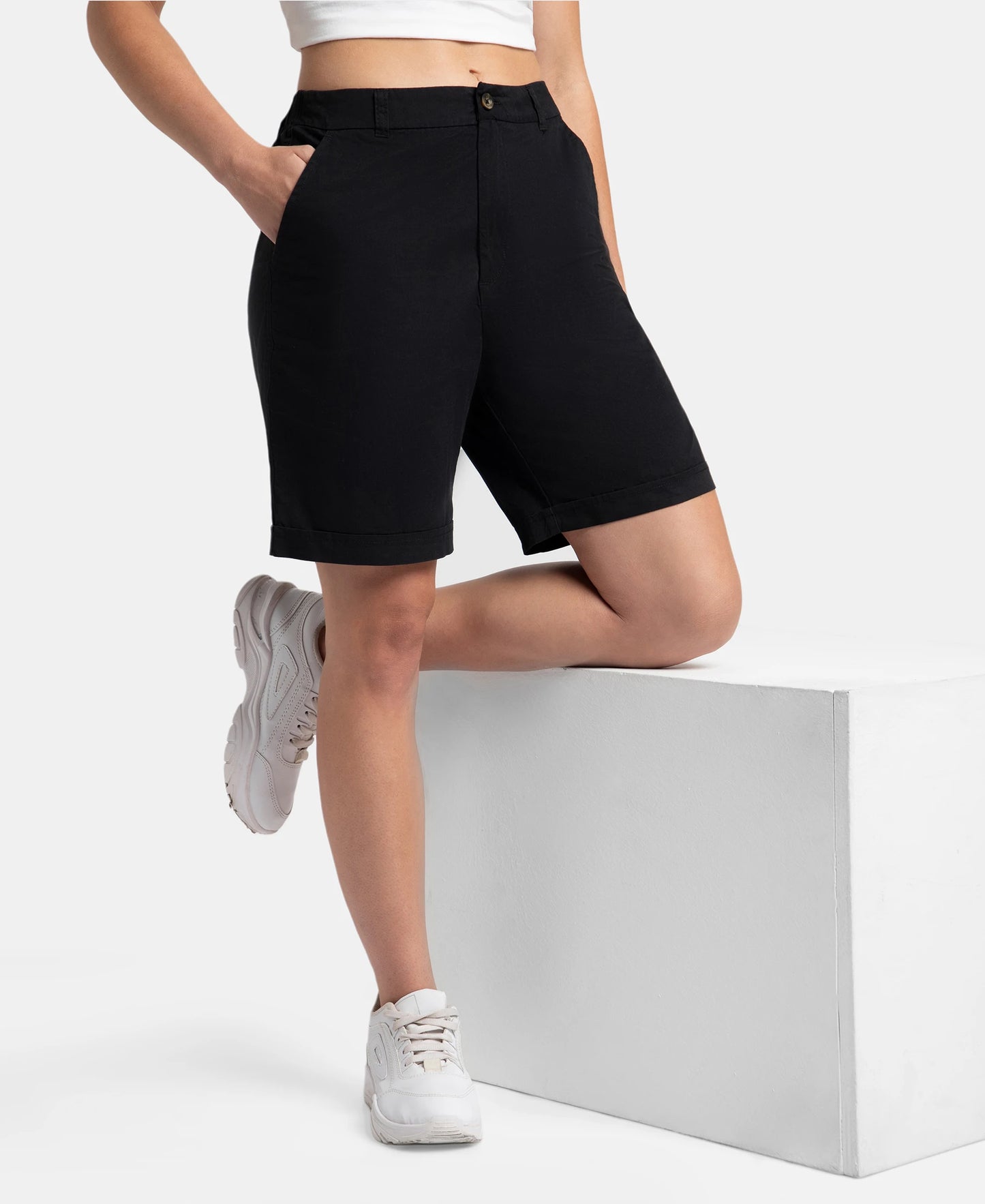 Super Combed Cotton Woven Twill Fabric Relaxed Fit Shorts with Convenient Side Pockets - Black