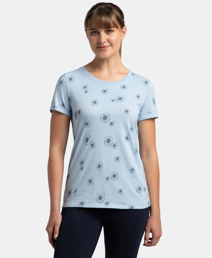 Super Combed Cotton Relaxed Fit Printed Half Sleeve T-Shirt - Chambray Blue